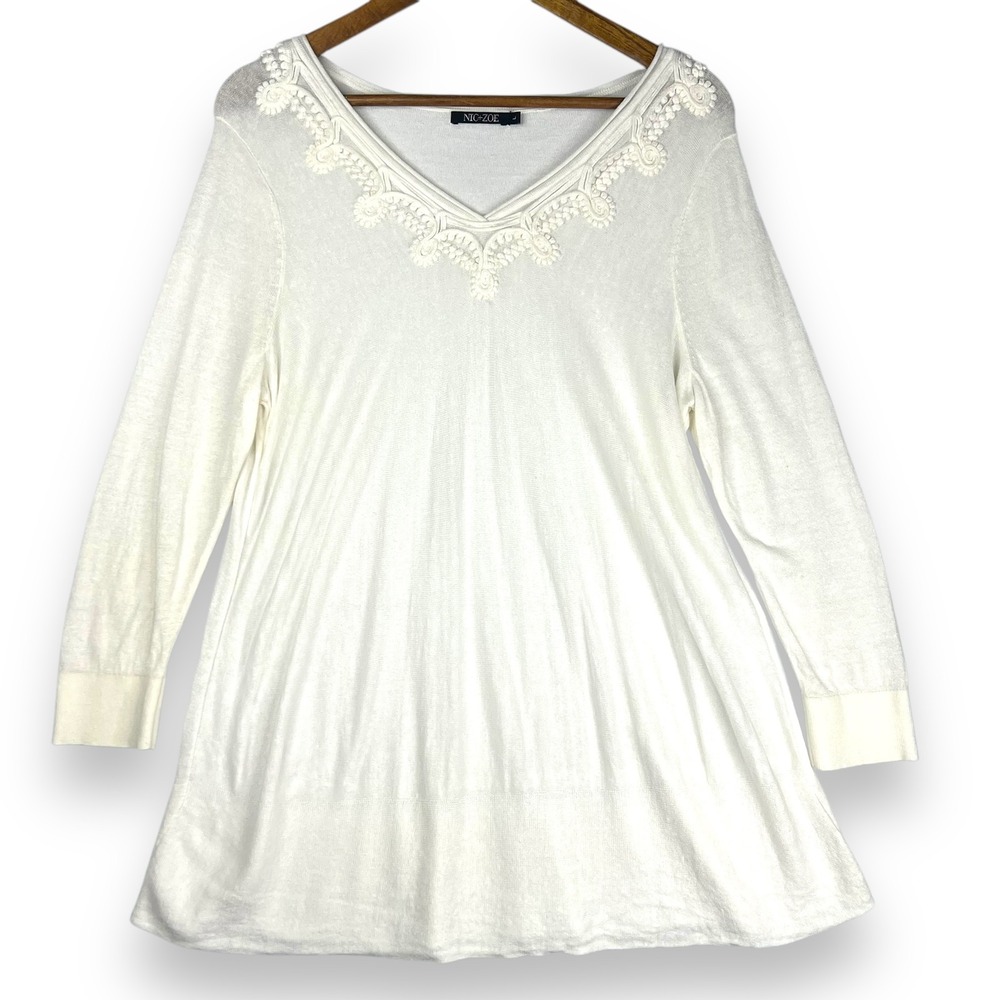 NIC+ZOE Wisteria Sweater Crochet Trim Linen Blend Knit White Lightweight Beach L